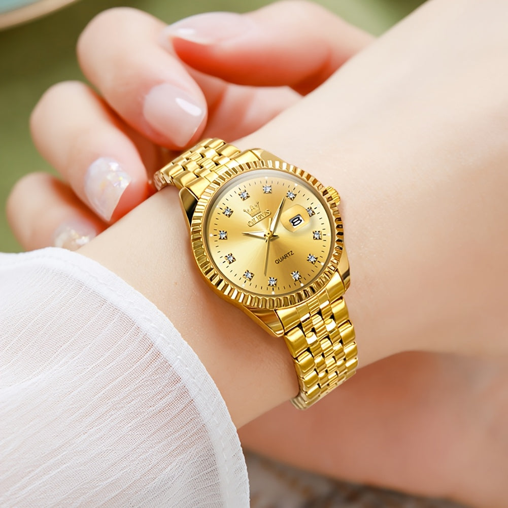 OLEVS Orologio da Donna Classico Business Dress Analogico Quarzo per Donne Elegante Lusso Acciaio Inossidabile Rheinstone Orologi da Donna Luminosi con Calendario Data per Donna Orologio da Polso Regali Romantici Reloj Para Mujer Quadrante Nero/Bianco/Dor
