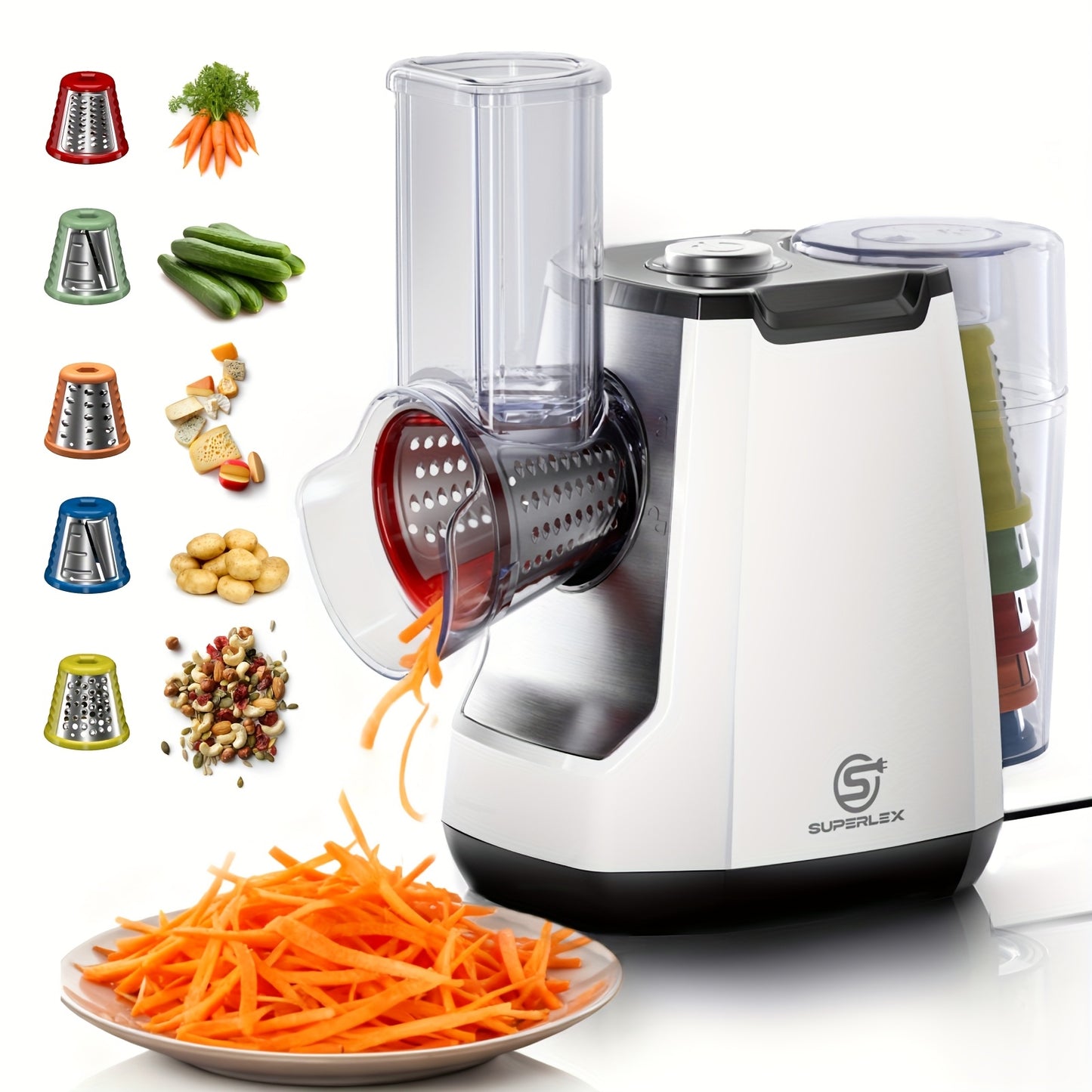 SUPERLEX Combo Tagliaverdure 5-in-1 e Centrifuga per Insalata con Lame in Acciaio Inox per Affettare, Tritare e Asciugare a Secco Insalata, Verdure a Foglia e Frutta. Perfetto per l'Uso Quotidiano in Cucina, Ideale per Preparare Insalate