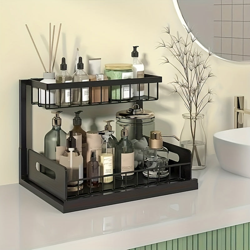 1 pz. Scaffale estraibile a doppio strato da posizionare sotto il lavandino, mensola multifunzionale in acciaio al carbonio per cucina e bagno, adatta per organizer di articoli essenziali e prodotti per la pulizia - Nero/Bianco