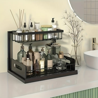 1 pz. Scaffale estraibile a doppio strato da posizionare sotto il lavandino, mensola multifunzionale in acciaio al carbonio per cucina e bagno, adatta per organizer di articoli essenziali e prodotti per la pulizia - Nero/Bianco