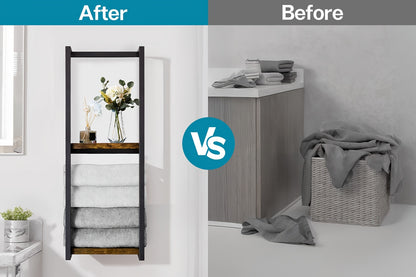 Mensola da bagno da parete di design - Mensola portaoggetti in legno stile country francese con ripiani in legno resistente e telaio in acciaio, organizzatore da parete per asciugamani e articoli da toeletta adatto per bagni moderni, spa, suite padronali,