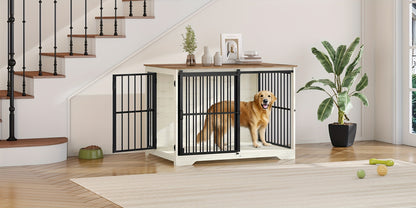 Gabbia per Cani Arredo, 110 cm Gabbia per Cani, 2 Ante, Gabbia Moderna per Interni, Adatta a Cani Piccoli/Medii/Grandi fino a 100 kg, Tavolino Laterale, Ante Scorrevoli Rinforzate, 65 x 110 x 81 cm, Nero/Bianco e Nero