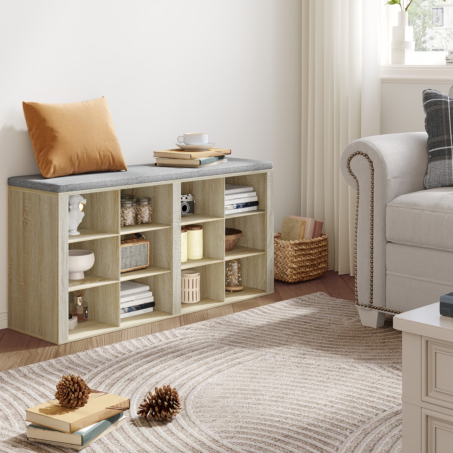 Panca Porta Scarpe, Scarpiera con Sedile, Panca con Contenitore, Cuscino, 12 Scomparti, per Soggiorno, Corridoio, Camera da Letto, Bianco-Grigio