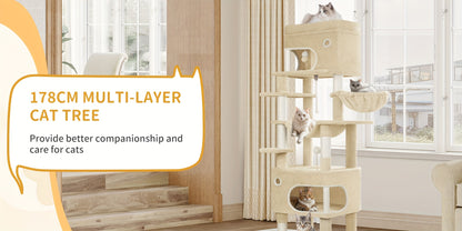 Tiragraffi per Gatti con Ampia Piattaforma, 178 Centimetri, 2 Grotte, 7 Pali per Graffiare, Palline di Peluche, Sedia a Dondolo, Amaca, Adatto a Tutte le Razze di Gatti, Grigio Chiaro, Grigio Scuro/Beige