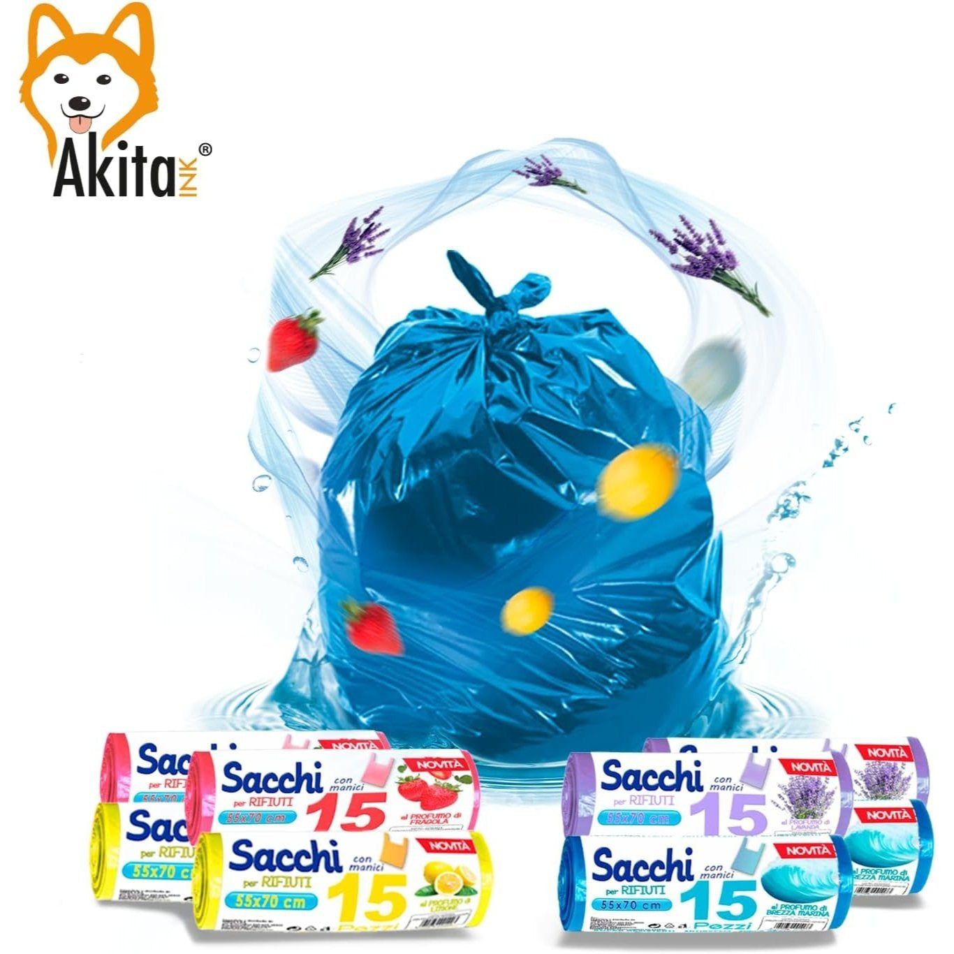 Akitaink Sacchi spazzatura Antiforo con Manici - Profumati - 120 pz da 45L | Misure 55x70cm | Vari Profumi: Brezza Marina, Fragola, Limone e Lavanda Made in Italy
