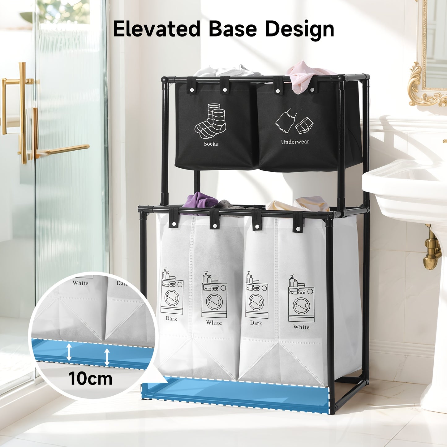 Cesto portabiancheria pieghevole a doppio strato con 4 sacche rimovibili, cestello multifunzionale salvaspazio, materiale resistente, design pieghevole, facile installazione, cesto per la biancheria, design nero moderno, adatto per camera da letto, bagno