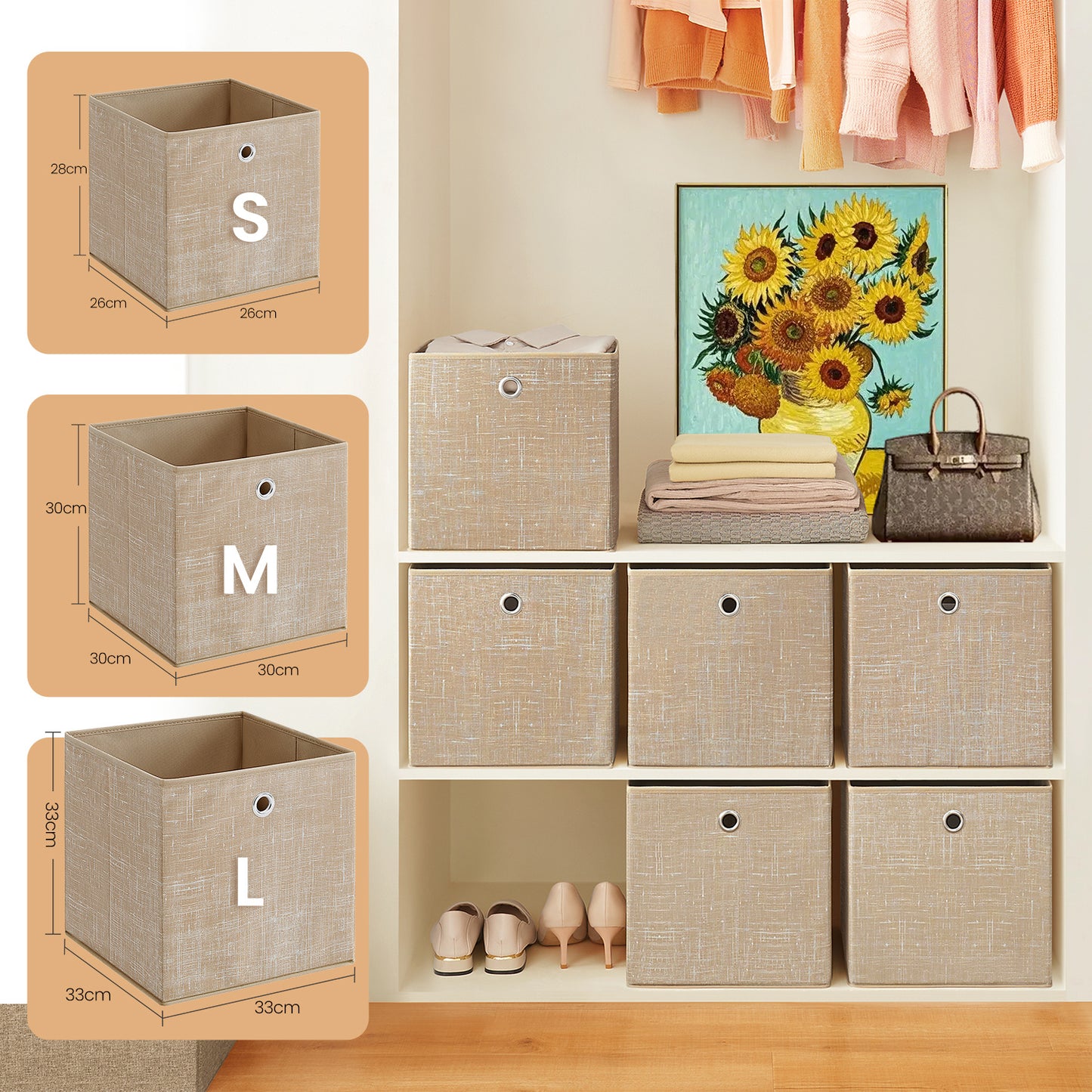 Scatole di Stoccaggio Pieghevoli, Set di 6, 30 x 30 x 30 cm, Adatte a Unità di Stoccaggio Cubiche, per Scaffali, Stoccaggio di Vestiti