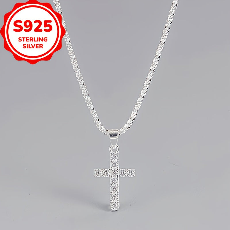 Collana con ciondolo a croce lucida in argento sterling S925, catena clavicola minimalista di stile etnico alla moda per donna, che mette in risalto personalità ed eleganza