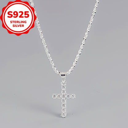 Collana con ciondolo a croce lucida in argento sterling S925, catena clavicola minimalista di stile etnico alla moda per donna, che mette in risalto personalità ed eleganza
