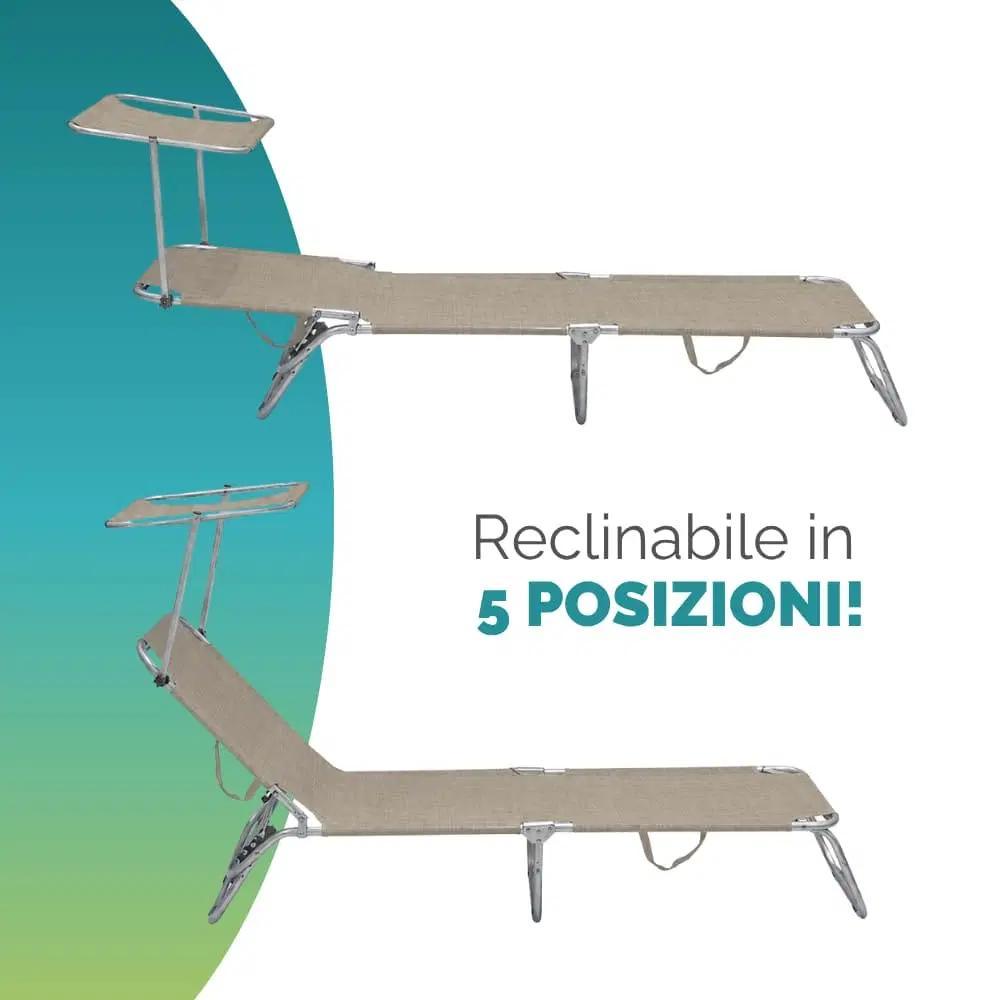 2 Lettini Prendisole Pieghevoli con Tetto Parasole, Misura 180x55x90 cm, Tessuto Textilene, Struttura Metallo Tubolare da 18mm, per Spiaggia, Piscina, Giardino, Peso Max 120kg