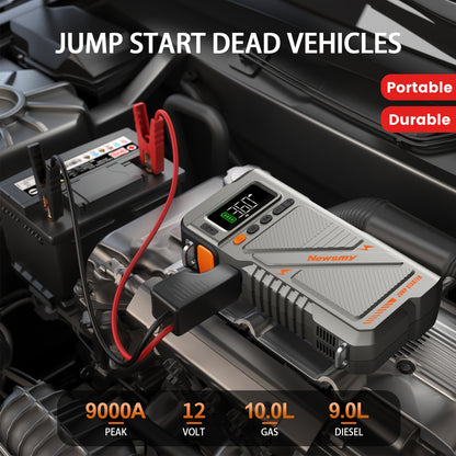 Avviatore di emergenza 9000A con compressore d'aria, scatola di avviamento di emergenza, (fino a tutti i motori a benzina e diesel da 9.0L) avviatore di emergenza per auto 12V, booster per batteria auto, power bank da 20000mAh con torcia a LED, schermo gr