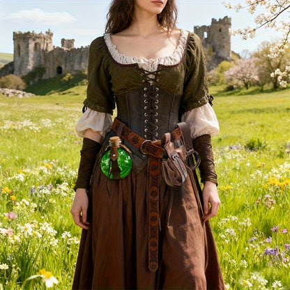 Set da 5 pezzi in stile rinascimentale con corsetto aderente in ecopelle, cintura, marsupio, portamonete, boccetta di pozione luminosa e gonna, adatto per escursionismo, cosplay medievale, Halloween, Giorno del Ringraziamento, Natale e altre occasioni.