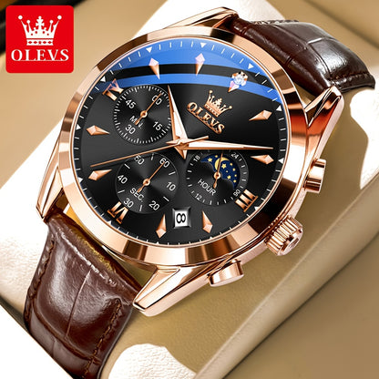 OLEVS Orologio da Uomo Classico Cronografo Cuoio Marrone Cassa Dorata Analogico Quarzo Moda Business Abito Quadrante Grande Orologio da Uomo Giorno Data Luminoso Casual Orologio da Polso Maschile Regali Romantici Relojes De Hombre Quadrante Blu/Nero/Bianc