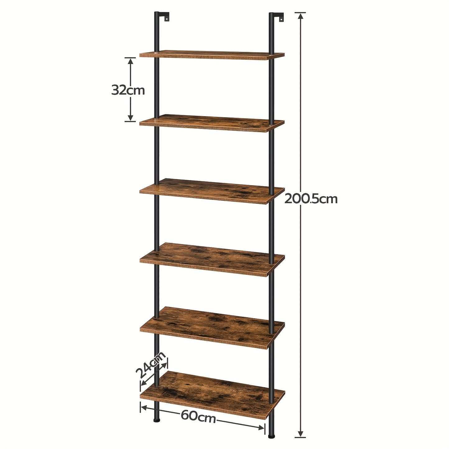 Libreria fai da te a 6 ripiani, scaffale a scala industriale, scaffalatura in truciolato, scaffalatura verticale da pavimento, con telaio di stabilizzazione in metallo, per ufficio domestico, soggiorno, marrone scuro