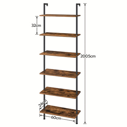 Libreria fai da te a 6 ripiani, scaffale a scala industriale, scaffalatura in truciolato, scaffalatura verticale da pavimento, con telaio di stabilizzazione in metallo, per ufficio domestico, soggiorno, marrone scuro