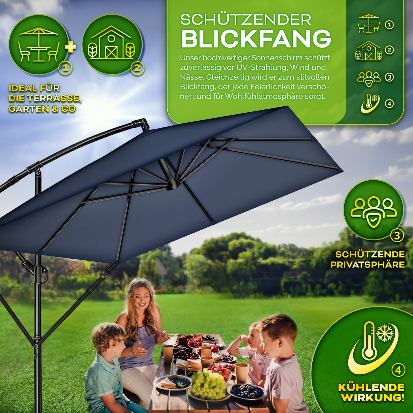 Tillvex® Parasole Rettangolare in Alluminio Ø 330 Cm + Copertura con Manovella | Schermo Angolare a Luce Rossa con Supporto & Parabrezza | Grande Parasole da Giardino in Alluminio Protezione UV | Schermo con Manovella Impermeabile Girevole a 360° per Terr