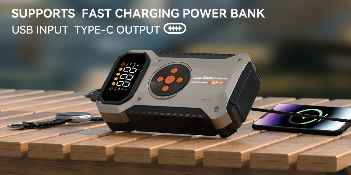 Power Bank Avviatore 12000mAh con Compressore d'Aria 150 PSI, Booster Batteria Auto 12V 6000 A con Pompa d'Aria per Benzina 7.5L o Diesel 6.0L, Scatola Avviamento Portatile 5-in-1 con Display LCD e Luci LED, Avviatore con Compressore d'Aria