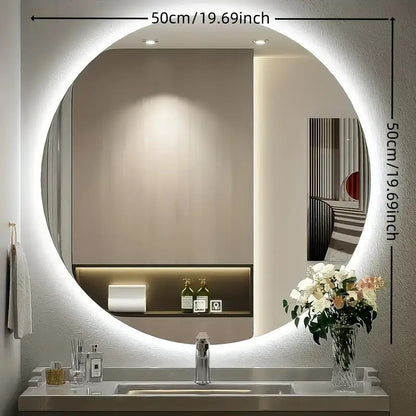 Specchio da bagno grande circolare retroilluminato con un diametro di 49,99 centimetri, adatto per hotel e uso domestico, inclusi i bagni. Viene fornito con un pulsante a pressione con funzione defogliante e un pulsante di illuminazione, imballaggio sicur