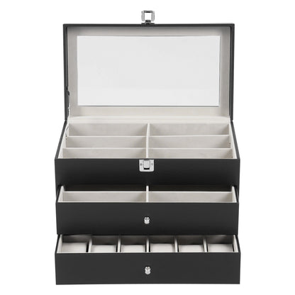 Scatola portaocchiali e orologi a 3 strati con 24 scomparti, custodia organizzatrice per occhiali da vista alla moda per donna e uomo - Portaocchiali portaoggetti multiplo con cassetto, coperchio in vetro e passante per esterni