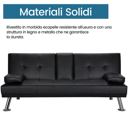 Costoffs Divano Letto a 3 Posti Divano Trasformabile con 2 Braccioli Staccabili Mobile Imbottito con Supporto Centrale Porta Bicchieri Divanetto Reclinabile da Salotto