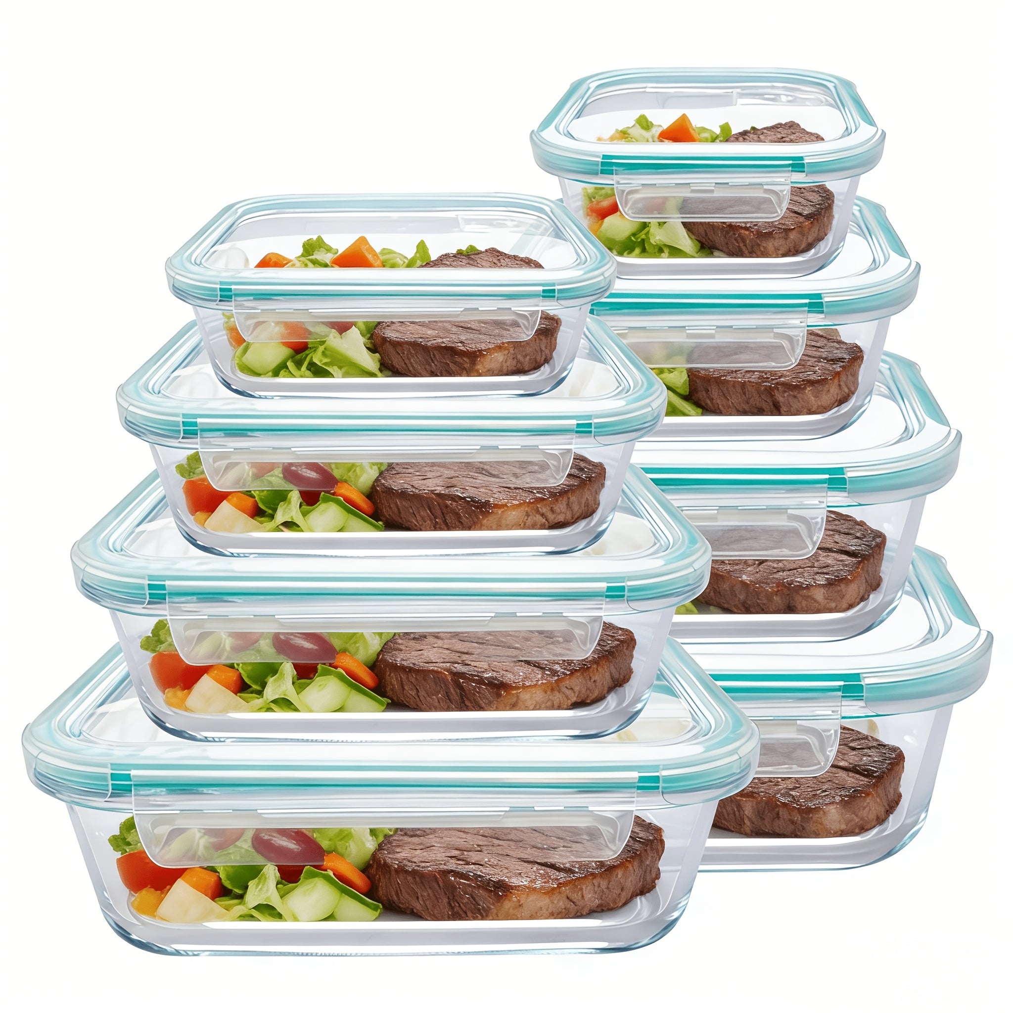 Set di 8 contenitori in vetro per alimenti con coperchi ermetici, contenitori in vetro per preparazione pasti, pranzo da ufficio per microonde, forno, congelatore e lavastoviglie