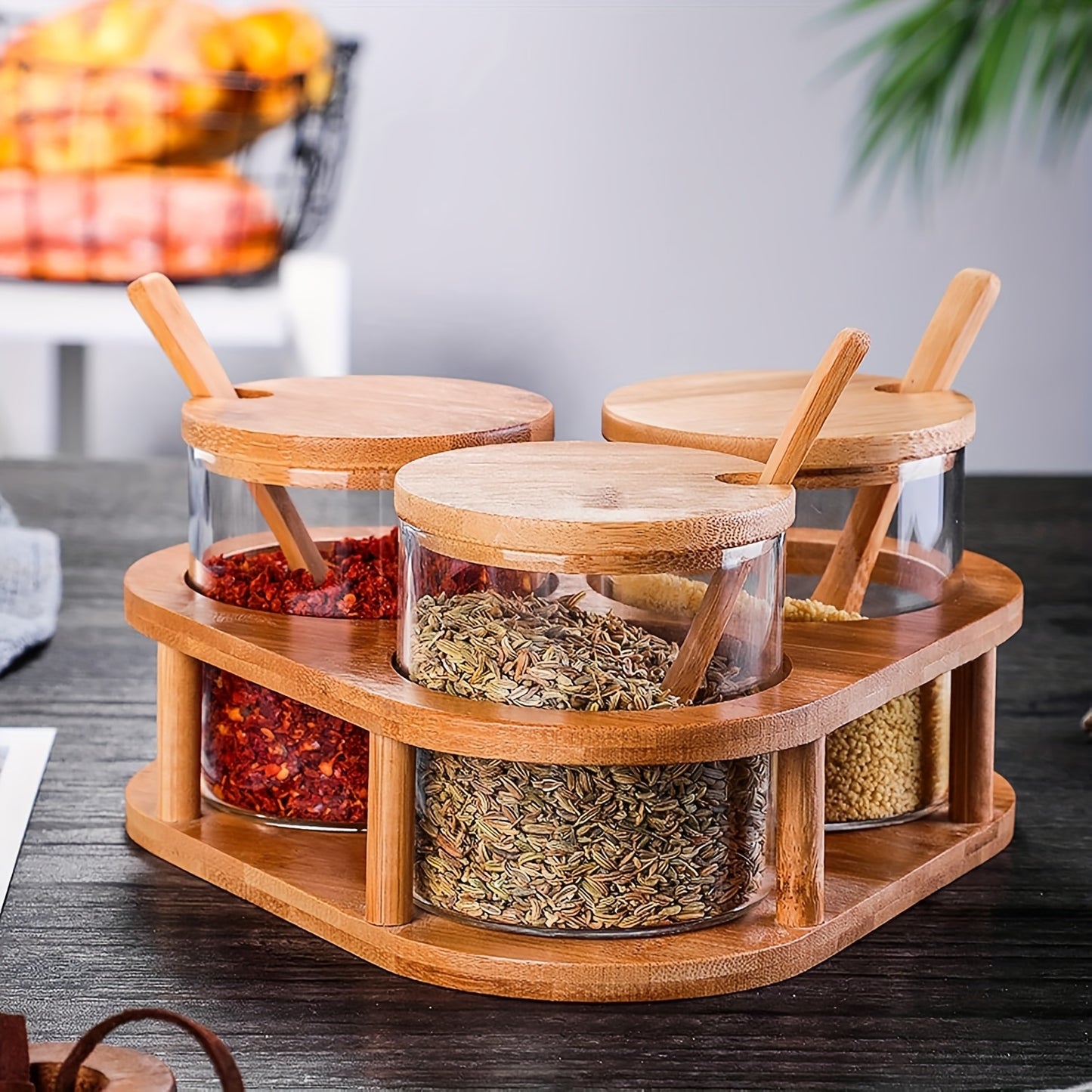 Magnatini da condimento in vetro trasparente con supporti triangolari, cucchiaio e coperchio in bambù, set di tre, 280ml × 3, adatti per sale, zucchero, spezie, , per cucina, magazzino locale