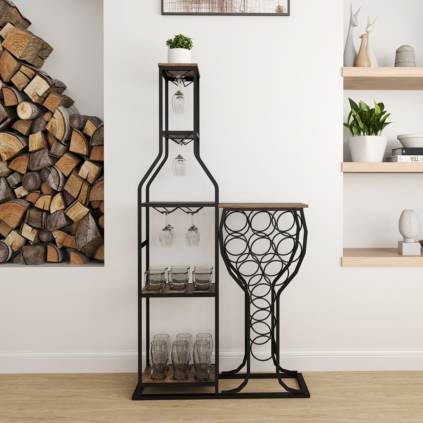 1 pz. Portavino da fornaio a 11 bottiglie, portavino indipendente a 5 livelli con porta bicchieri da vino sospeso e ripiani portaoggetti, bar domestico per la conservazione di liquori e vino per cucina, sala da pranzo