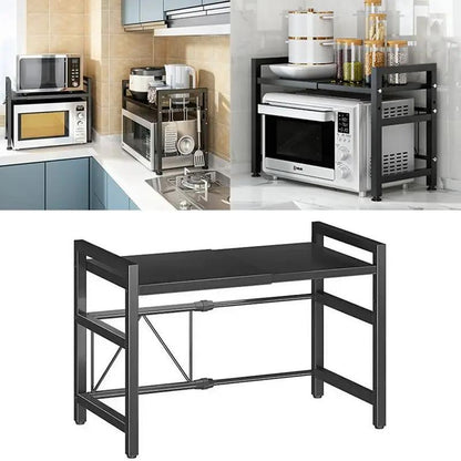 Scaffale per microonde, ripiano da appoggio per microonde espandibile per riporre utensili da cucina e stoviglie, scaffale salvaspazio regolabile a 2 livelli con 6 ganci, ripiano da appoggio in acciaio al carbonio per microonde, ripiano per microonde e ut