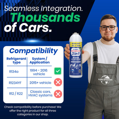 Kit Refrigeranti Combinati Alaska – Refrigerante di Ricambio 3in1 R134a con Olio PAG 100 e Sigillante + Refrigerante di Ricambio R134a + Tubo e Manometro