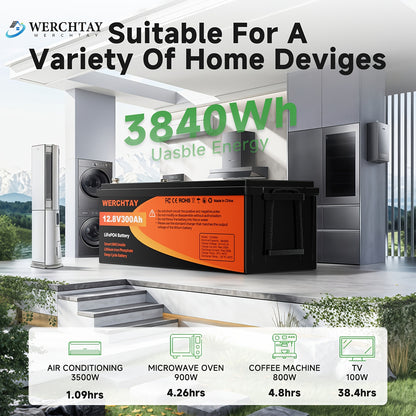 Batteria WERCHTAY 12.8V LiFePO4 300/200/100Ah, Dotata di Celle di Batteria di Grado A+, Oltre 25000 Cicli di Scarica Profonda, Protezione Intelligente BMS da Sovraccarica/Sottocarica, per Accumulo Energetico Domestico, Camper da Esterno, Applicazioni Sola