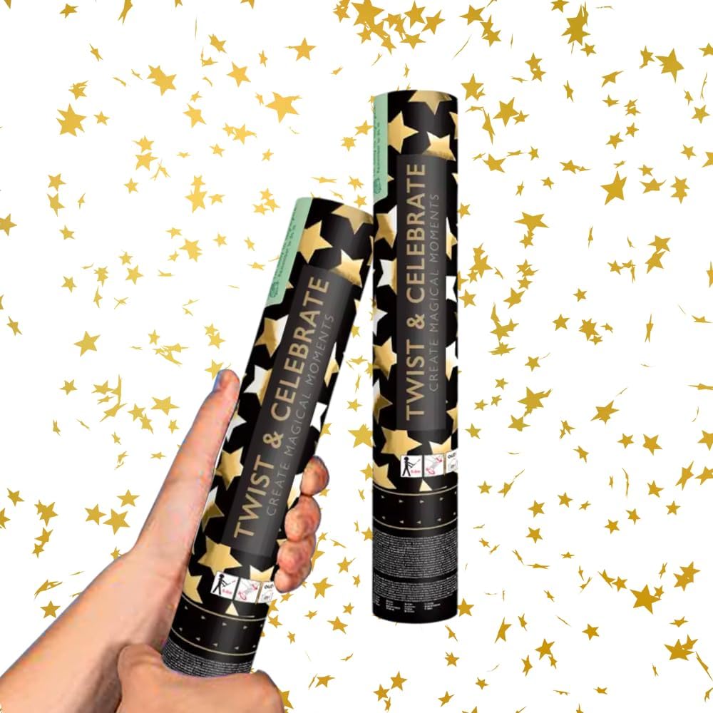 SPARKLERS CLUB Cannone per Coriandoli 28Cm Portata 5-8 Metri - Ideale per Halloween, Natale, Matrimoni, Compleanni, Feste - High-End, Sicuro, Durevole - Effetto Speciale Garantito (Gold Star, 10, Cannoni)