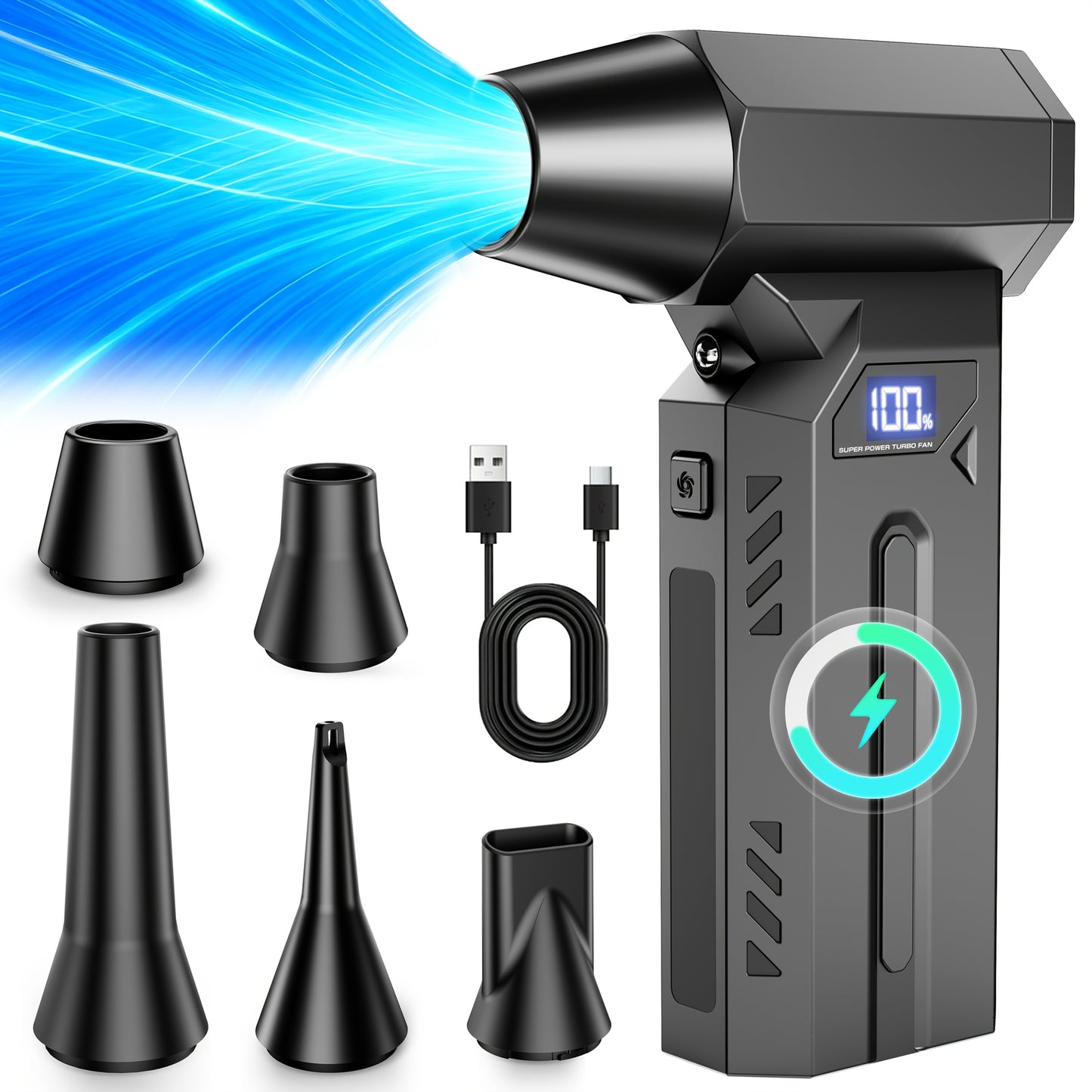 8400000RPH Soffiatore Elettrico, Turbo Blower con Schermo LED, Ventola Jet Ricaricabile Senza Fili Potente, Adatto a Vari Scenari Come Campeggio All'aperto, Pulizia Auto, Pulizia Computer, Ecc.