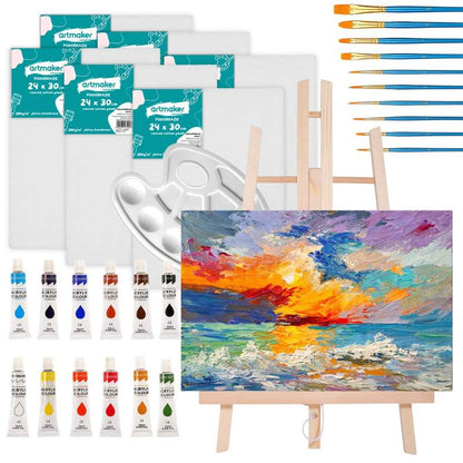 Artmaker XXL Set Completo per Pittura Artistica con Cavalletto in Legno da 50 cm, 6 Tele da 24x30 cm, Set di 12 Colori Acrilici, 10 Pennelli e Tavolozza – Il Regalo Perfetto per Artisti Principianti, Bambini e Adulti per Creare Opere d'Arte di Alta Qualit