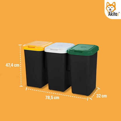 Pattumiera Differenziata AKITAINK AKIROCK 75L – 3 Scomparti da 25L con Coperchi Colorati e Blocca-Sacchetto, Cestino Raccolta Differenziata per Casa, Ufficio e Spazi Esterni