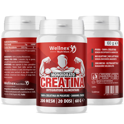 Creatina Monoidrato 3000mg / dose | 60g - 20 Dosi | Creatina in Polvere 200 Mesh | Purezza 99,9 Min. Integratore alimentare a base di Creatina