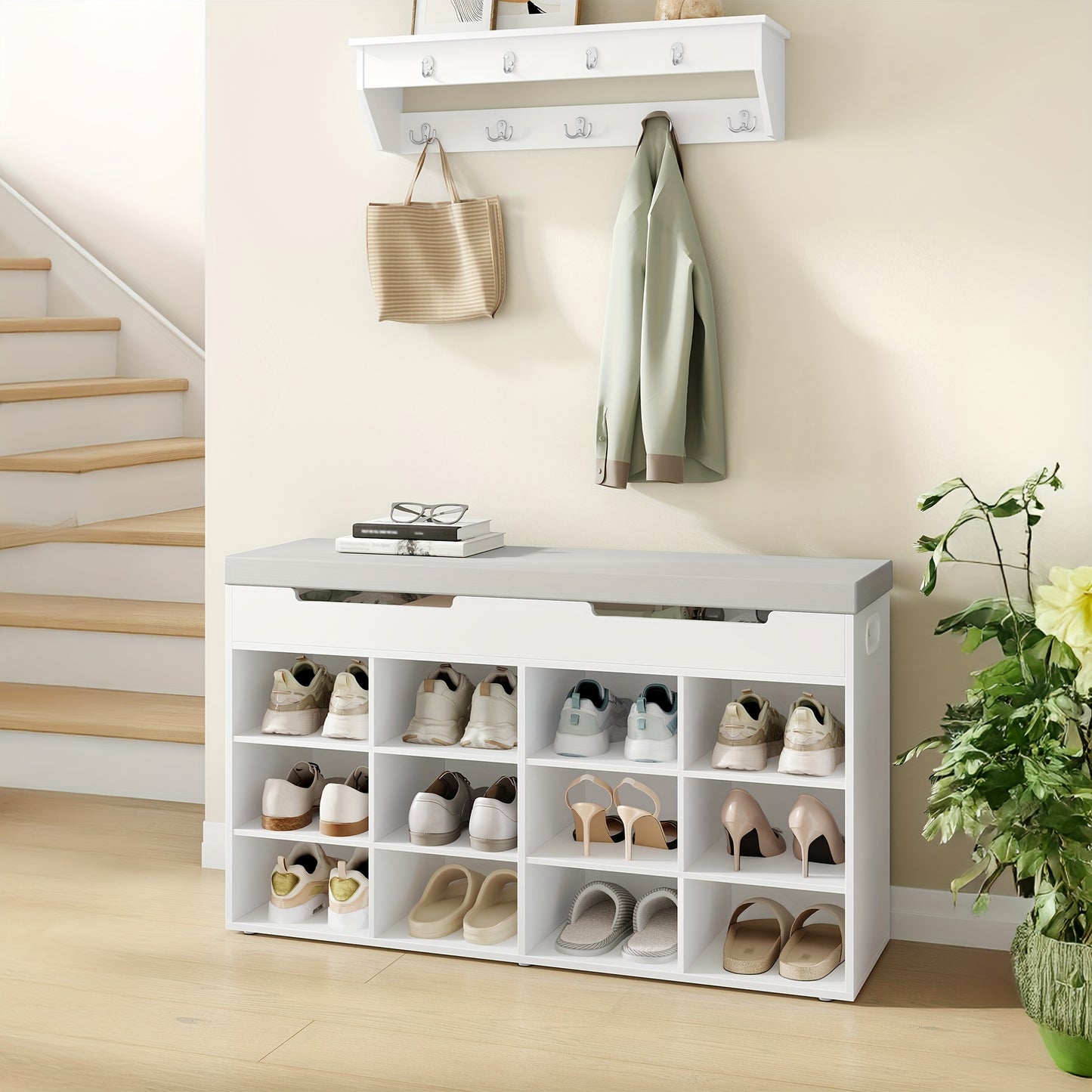 Banchetto per scarpe con sedile - Scaffale per scarpe a 12 scomparti e organizzatore di stoccaggio, Banchetto per ingresso salvaspazio con mensole rimovibili, Costruzione robusta in legno duro/pastiglia, 30x100x55cm (11, 8x39, 4x21, 6in) - per soggiorno,
