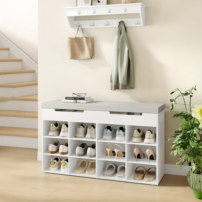 Banchetto per scarpe con sedile - Scaffale per scarpe a 12 scomparti e organizzatore di stoccaggio, Banchetto per ingresso salvaspazio con mensole rimovibili, Costruzione robusta in legno duro/pastiglia, 30x100x55cm (11, 8x39, 4x21, 6in) - per soggiorno,