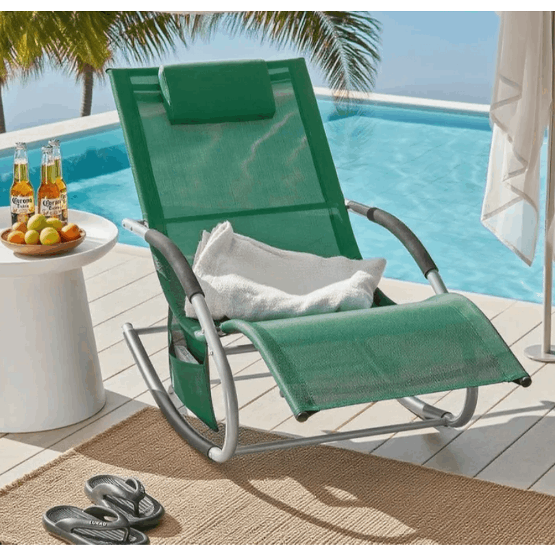 1 Pezzo Lettino Prendisole Lettino da Giardino Sdraio Relax Sedia a Dondolo da Esterno con Cuscino Poggiatesta Superficie Ergonomica Tessuto Resistente agli Agenti Atmosferici Struttura in Metallo Tasca Laterale Portata Massima 150 kg Terrazza Balcone Gia