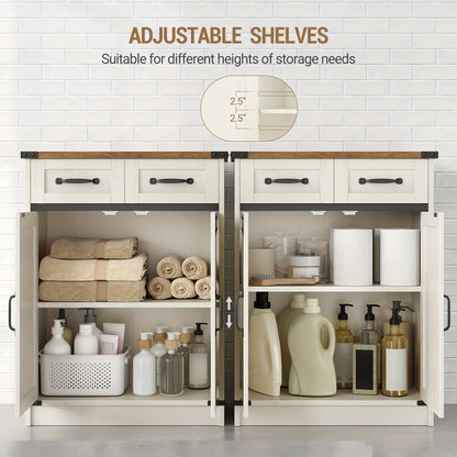 Armadietto Bagno, Armadio con 2 Cassetti e 2 Ante, Mobile da Cucina, Mensola Regolabile, Stile Country House, Soggiorno, 30 x 60 x 80 cm, Marrone Vintage-Bianco