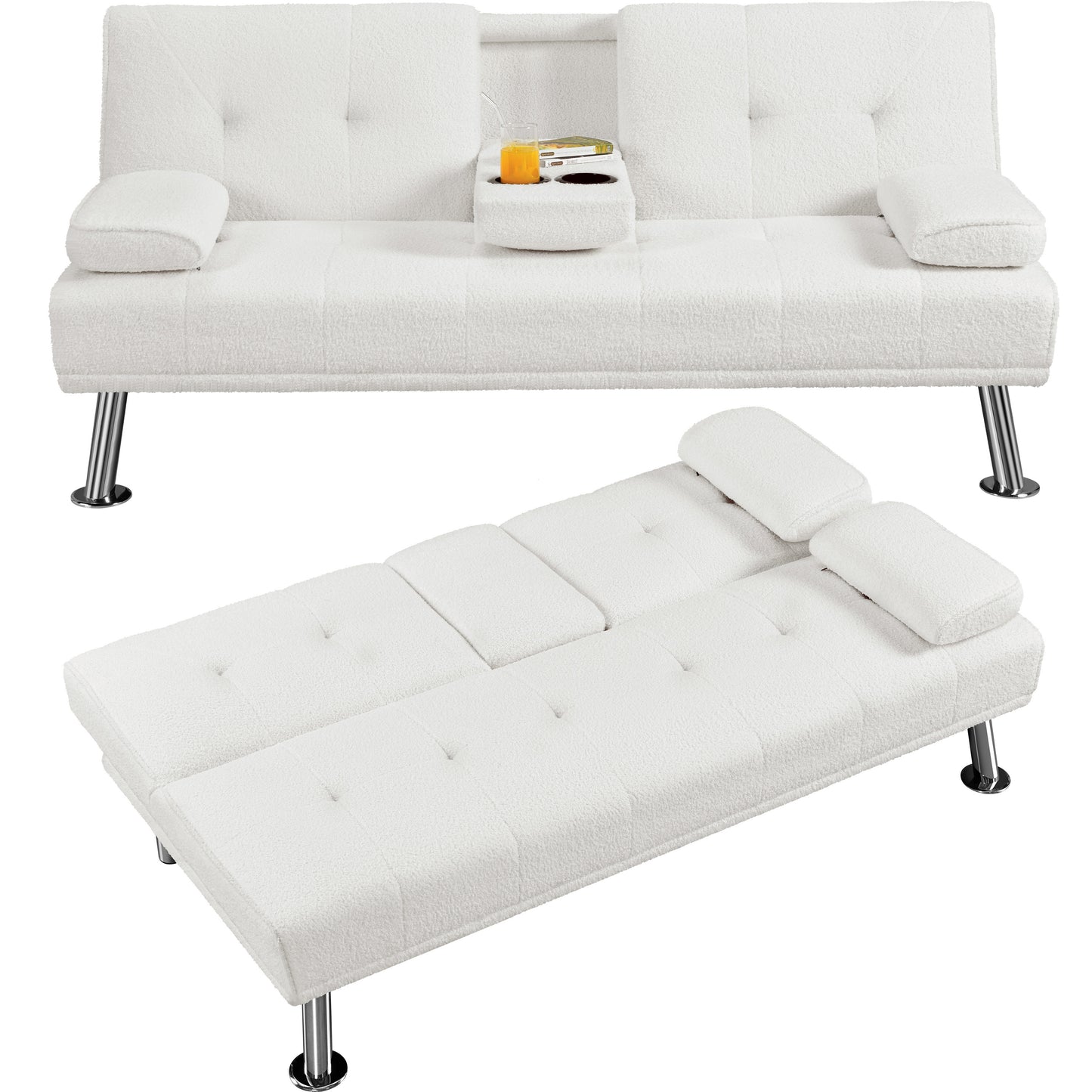 Costoffs Divano Letto a 3 Posti Divano Trasformabile con 2 Braccioli Staccabili Mobile Imbottito con Supporto Centrale Porta Bicchieri Divanetto Reclinabile da Salotto