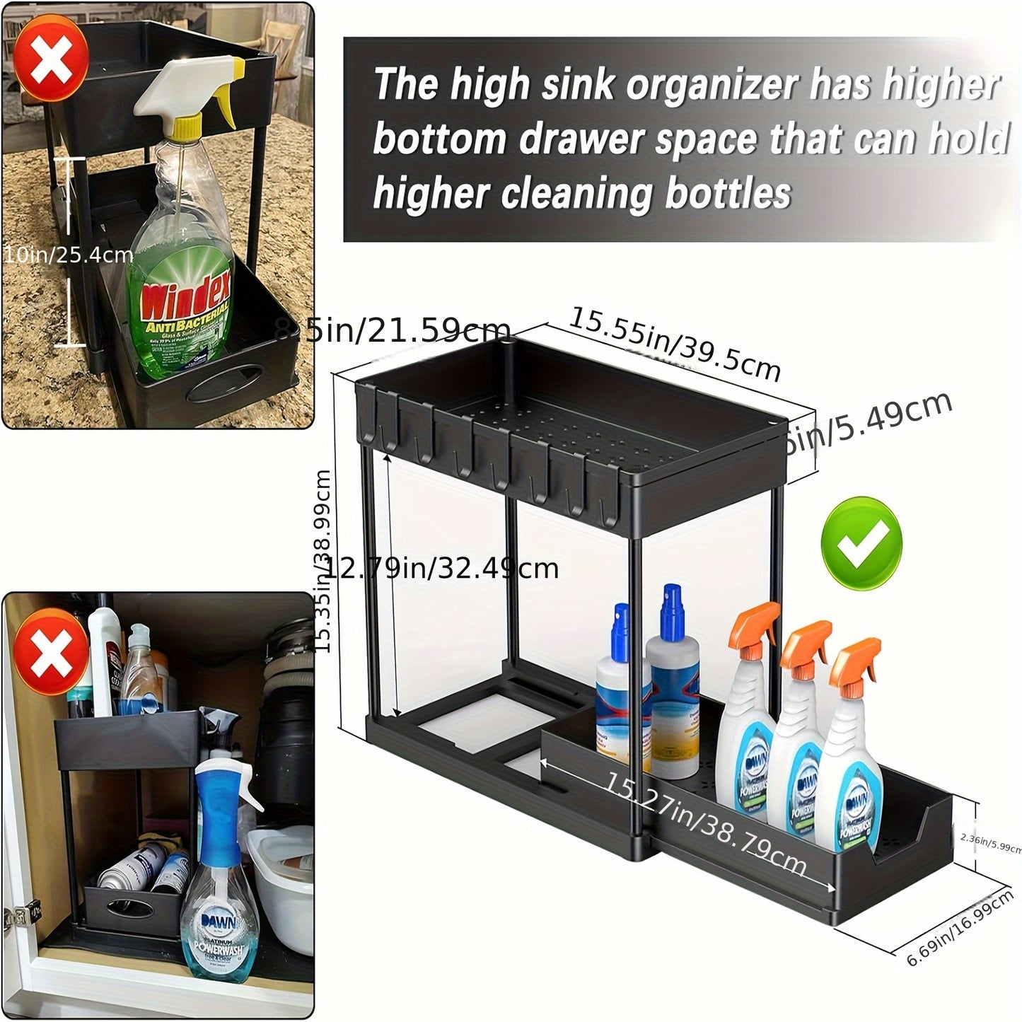2 Pezzi Organizzatori e Contenitori Sottolavello, Organizer a 2 Ripiani con Ganci, Contenitori e Organizzatori Multiuso Sottolavello per Bagno e Cucina