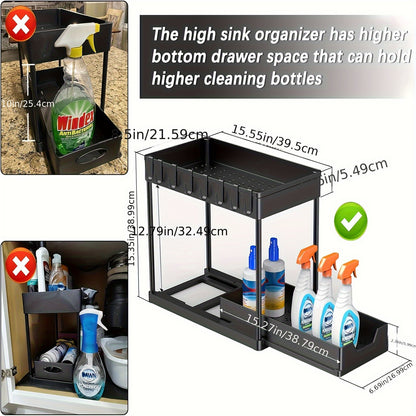 2 Pezzi Organizzatori e Contenitori Sottolavello, Organizer a 2 Ripiani con Ganci, Contenitori e Organizzatori Multiuso Sottolavello per Bagno e Cucina