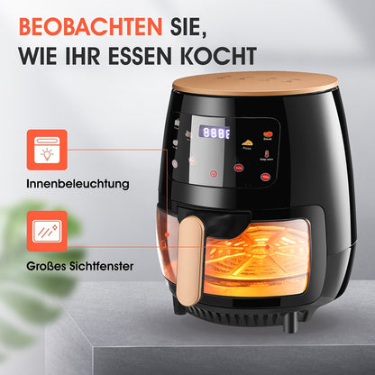 Friggitrice ad aria 6L con finestra trasparente, nuova grande capacità, touch screen, multifunzione, mini forno, controlli touch con 6 preimpostazioni, cestello antiaderente e lavabile in lavastoviglie, - Nero, pollo, patatine, arrosticini, arrosti, disid
