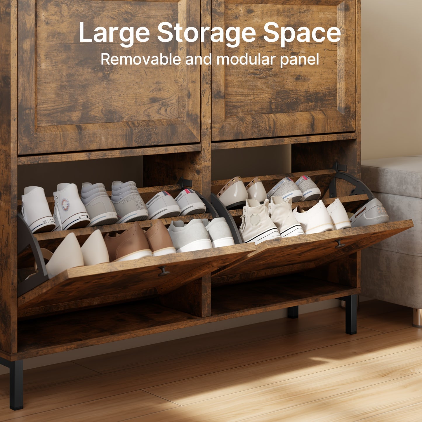 Scarpiera a quattro ante di grande capacità con design ventilato, scarpiera chiusa, spazioso ripiano, può contenere 20-24 paia di scarpe, design anti-ribaltamento, adatta per l'installazione in ingressi, corridoi e soggiorni, dimensioni: 99X24X91Cm