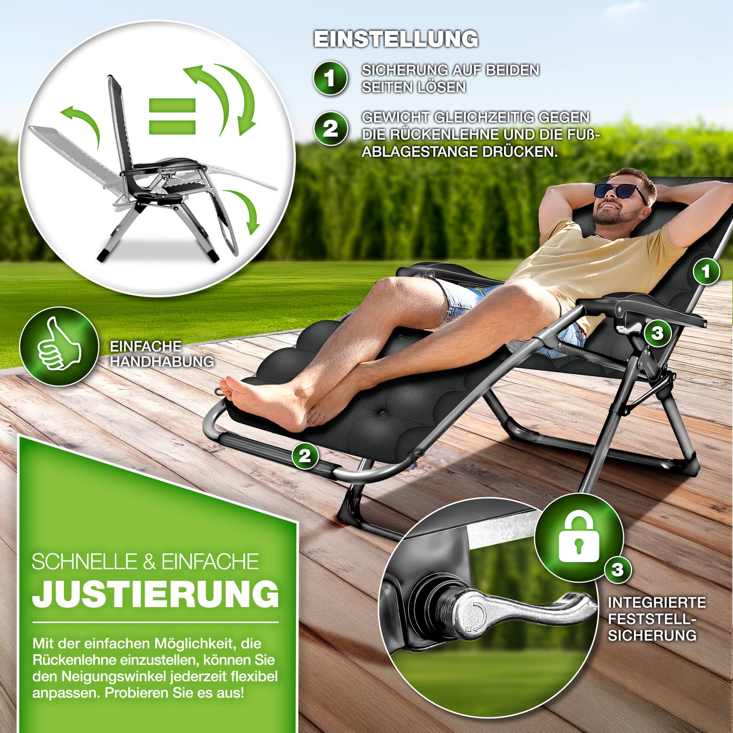 Tillvex® Poltrona Reclinabile Pieghevole Fino a 200Kg Lettino Parasole da Esterno per Giardino con Cuscino Resistente alle Intemperie Balcone, Giardino & Terrazza Lounge Esterno Regolabile con Imbottitura Spessa Poltrona Reclinabile Pieghevole Extra Larga