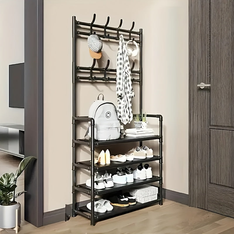 Scarpiera portaoggetti - Appendiabiti salvaspazio, scarpiera a 5 ripiani con 8 ganci, robusta struttura in metallo/plastica dorata, design autoportante o a parete per casa, ufficio e negozio - Adatta per riporre scarpe, cappotti, cappelli, ecc., regalo di