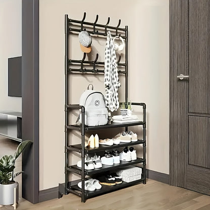 Scarpiera portaoggetti - Appendiabiti salvaspazio, scarpiera a 5 ripiani con 8 ganci, robusta struttura in metallo/plastica dorata, design autoportante o a parete per casa, ufficio e negozio - Adatta per riporre scarpe, cappotti, cappelli, ecc., regalo di