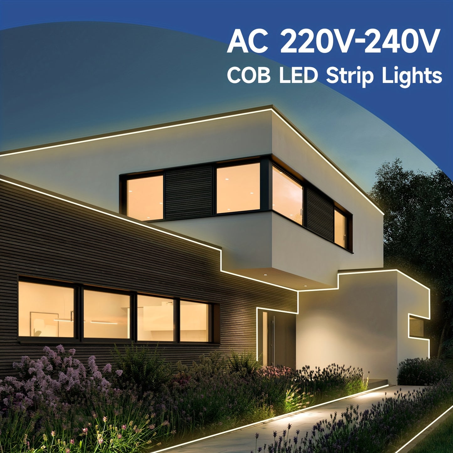 Strisce LED COB, adatte per AC 220V-240V, illuminazione esterna flessibile, con 288 LED per metro. Questa striscia LED adesiva offre un alto contrasto in bianco o bianco caldo, ideale per decorare cucine, giardini e interni domestici.