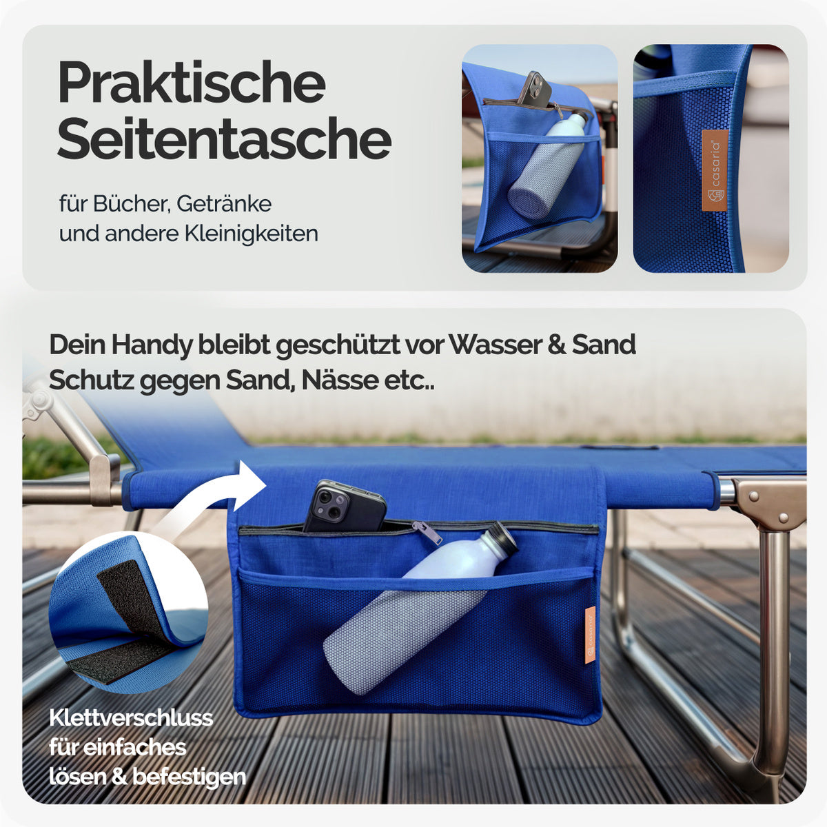 CASARIA® Set da 2 pezzi Lettino prendisole pieghevole in alluminio con cappelliera e tasca laterale, capacità di carico 150 kg, sedia sdraio da giardino resistente alle intemperie