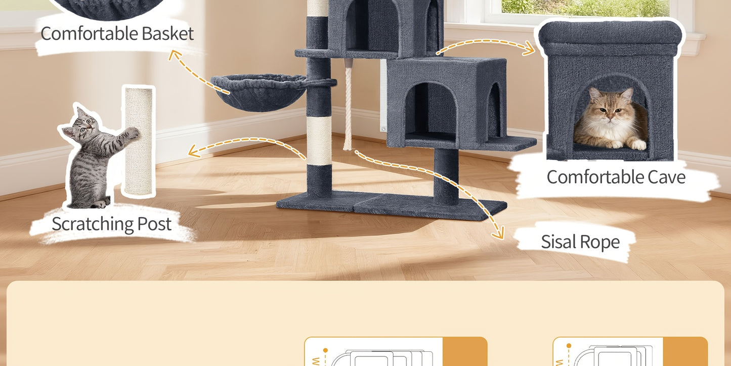 Albero per gatti, albero per gatti piccolo da 95 cm, spazioso e robusto, base regolabile, dotato di una grande piattaforma morbida, palla di peluche, cuccia per gatti, tiragraffi e corda in sisal.